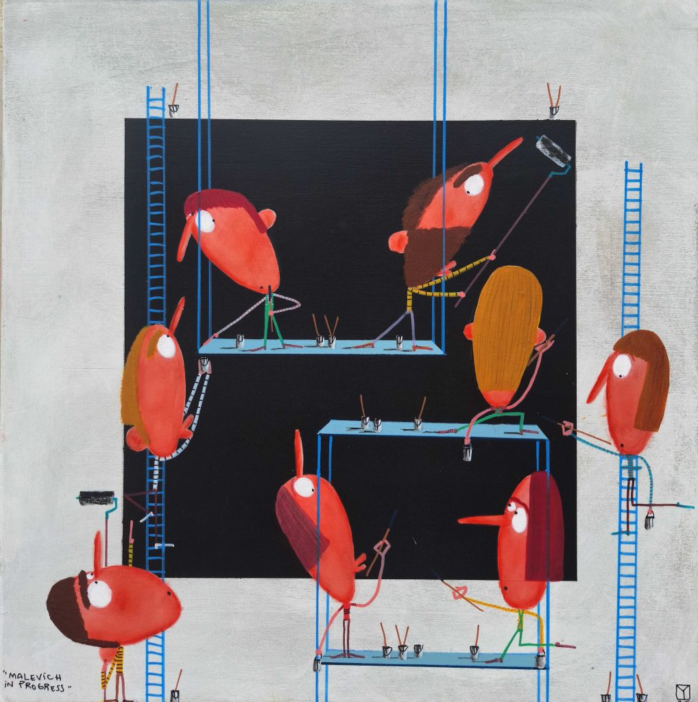 Personnages miniatures peignant un carré noir inspiré de Malevitch, œuvre humoristique de Moisés Yagües.