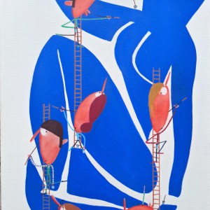 Blue silhouette inspired by Matisse surrounded by small humorous ladder-climbing characters, painting by Moisés Yagües.