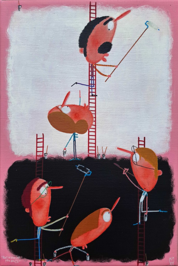 Nouveaux personnages miniatures peignant des bandes de couleur façon Rothko, œuvre humoristique de Moisés Yagües.