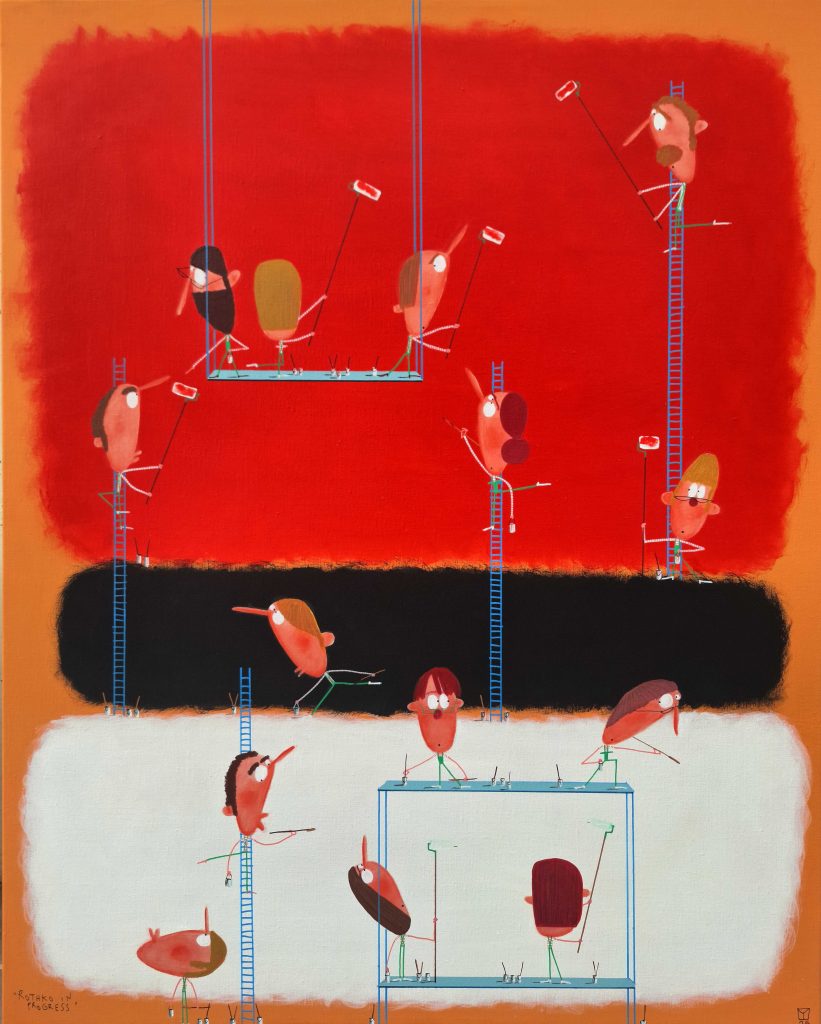 Personnages miniatures peignant des bandes de couleur façon Rothko, œuvre humoristique de Moisés Yagües.